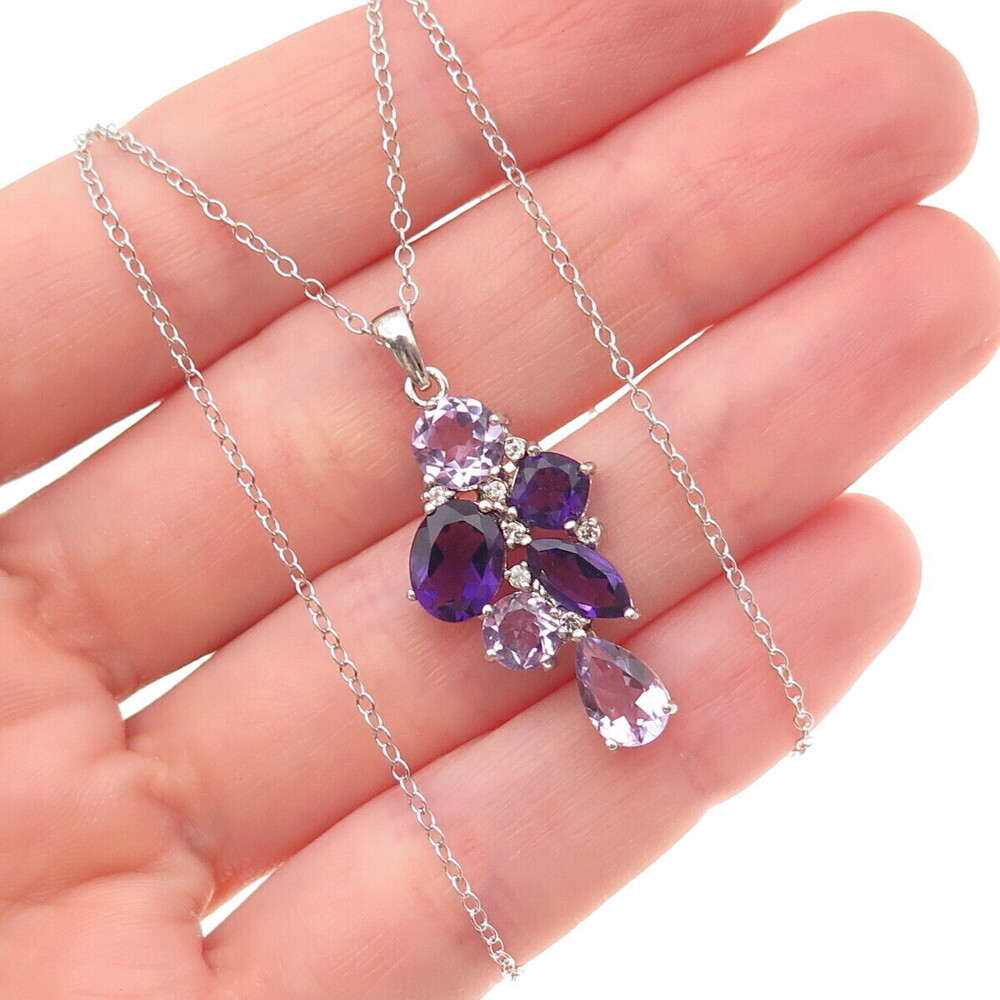 925 Sterling Silver Real Amethyst & C Z Cluster Cable Chain Necklace 18"